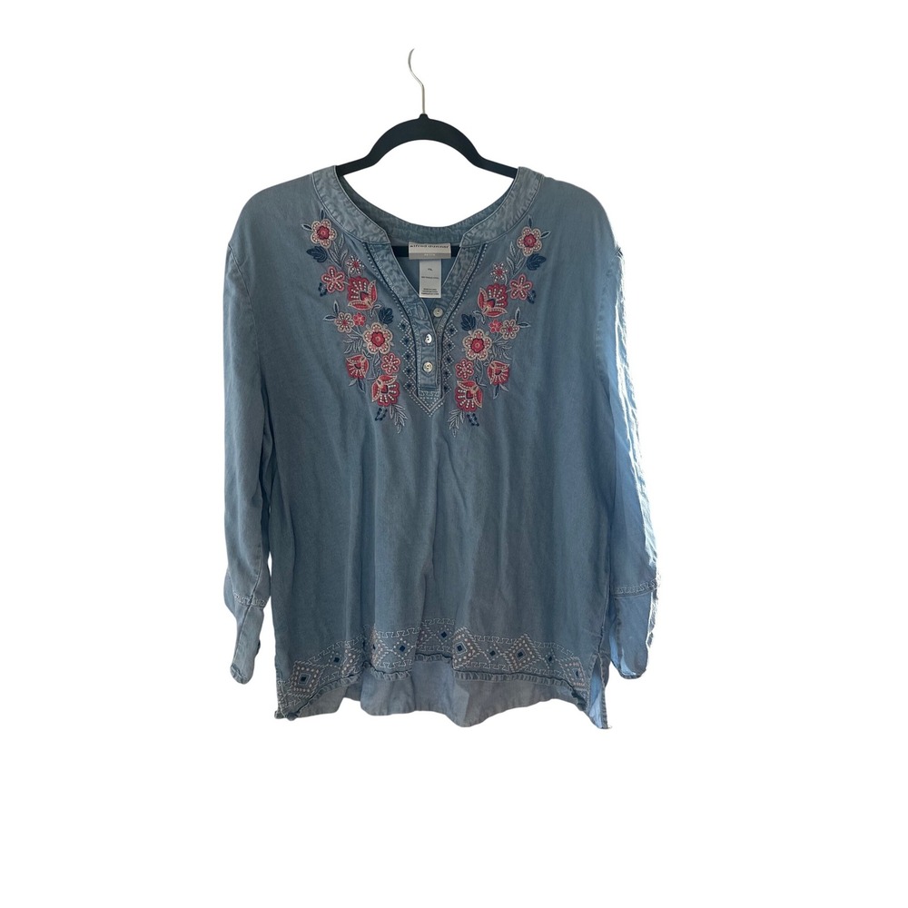 Alfred Dunner Petite PXL Blue Embroidered‎ Tencel Lyocell Blouse Top Floral Hem